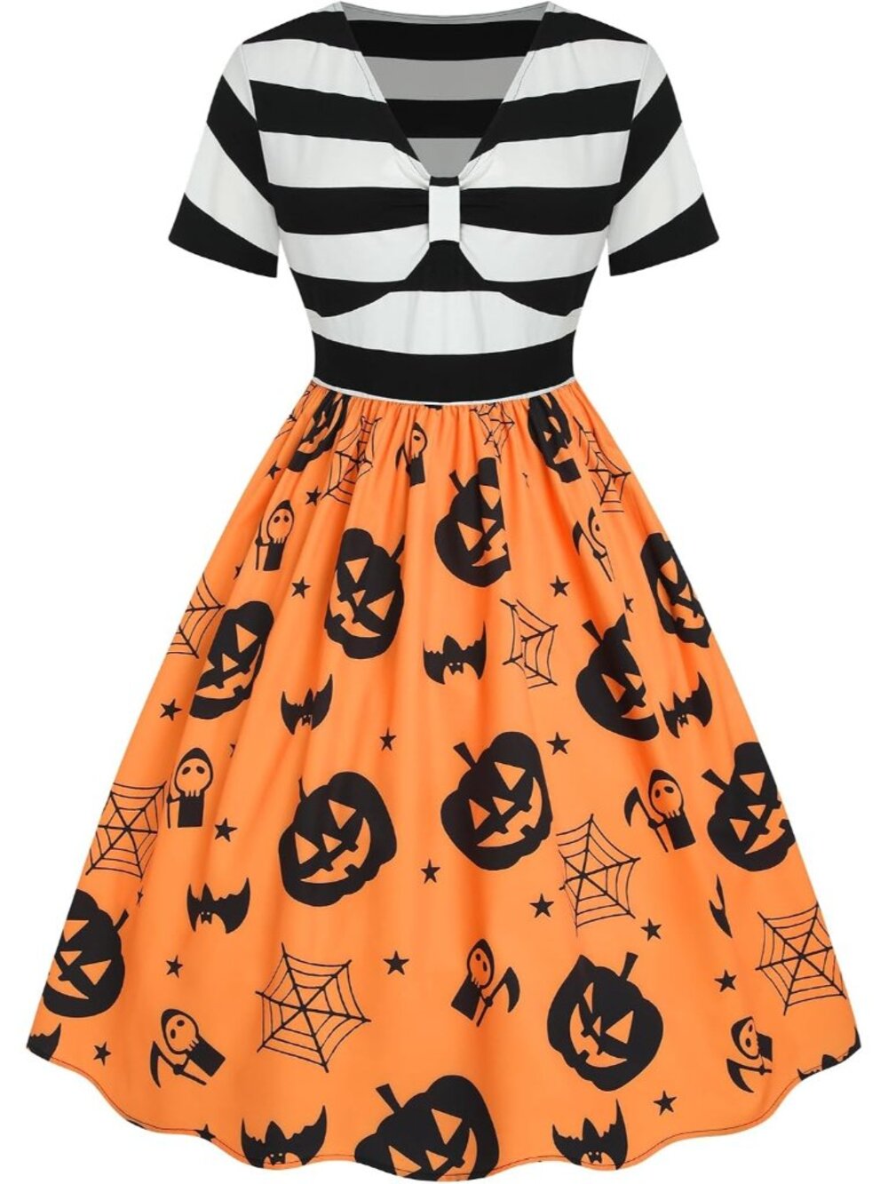🎃Women's Pumpkin Orange Striped A-line V Neck Short Sleeve Halloween Dresses